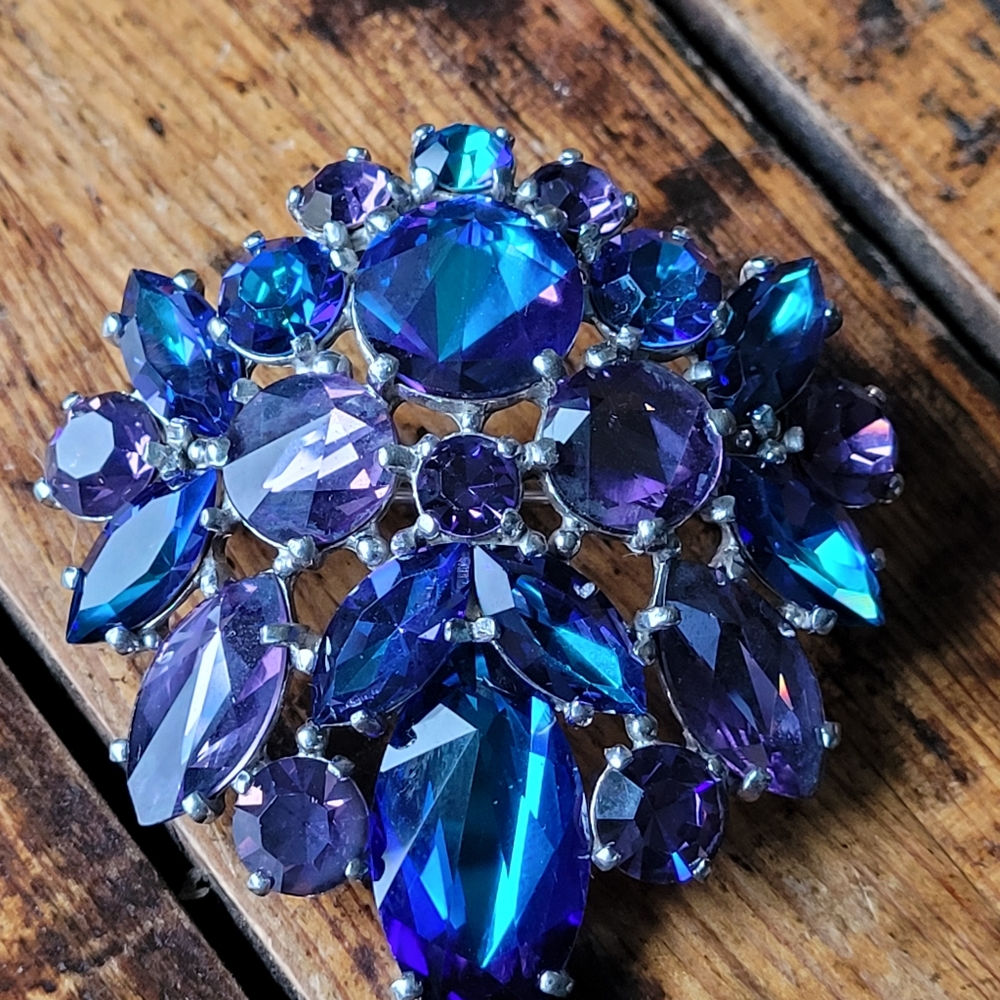 Signed Schiaparelli Brooch Domed Openwork Swarovski Crystal Silver Tone Back